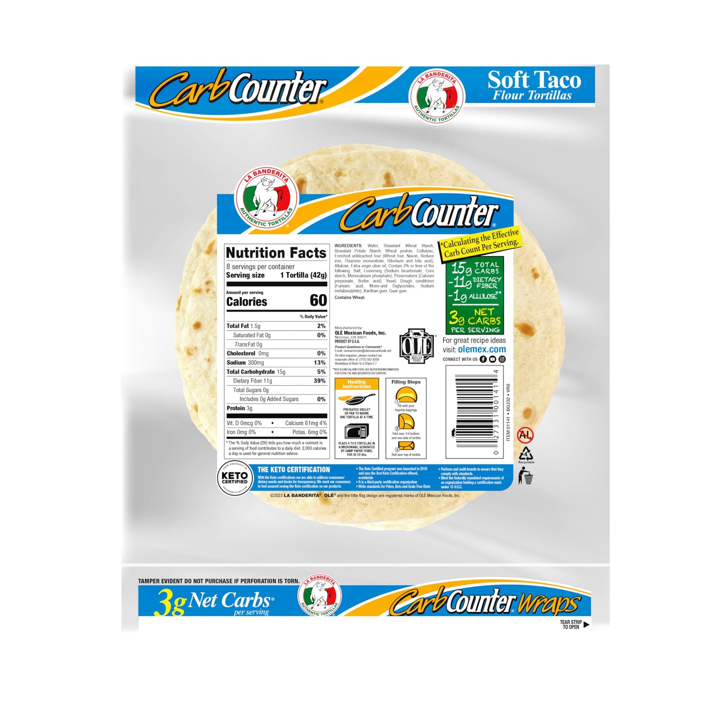 La Banderita Carb Counter White | 8'' Size Flour Tortillas |Carb Friendly |Keto Certified | 11.9 Oz.| 8 Count (Pack Of 4)