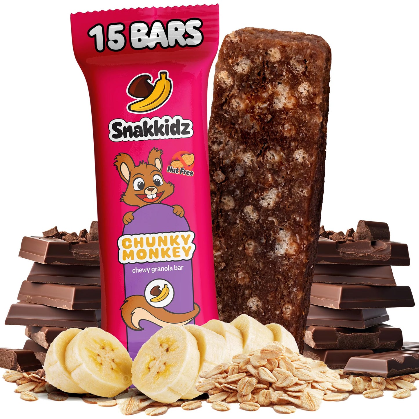 Snakkidz Organic Chewy Granola Bar, Allergen Free, Low Sugar, 15 Bars, Chunky Monkey, Brown