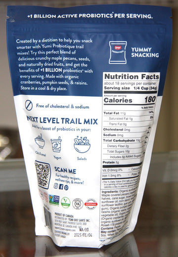 YUMI PROBIOTIQUE MAPLE PECAN TRAIL MIX WITH ORGANIC CRANBERRIES, PUMPKIN SEEDS AND RAISINS 21 OZ
