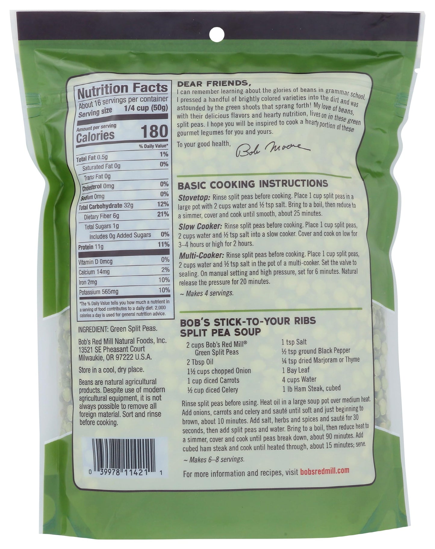 Bobs Red Mill green Split Peas 29 OZ