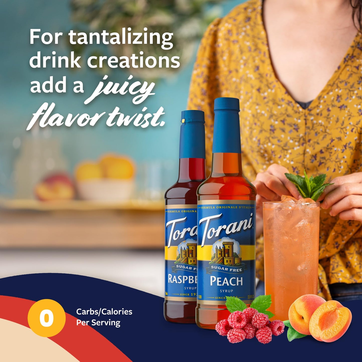 Torani Sugar Free Raspberry Syrup And Sugar Free Peach Syrup Variety 2-Pack, Flavored Syrups For Drinks, Pumps Included, 25.4 Fl