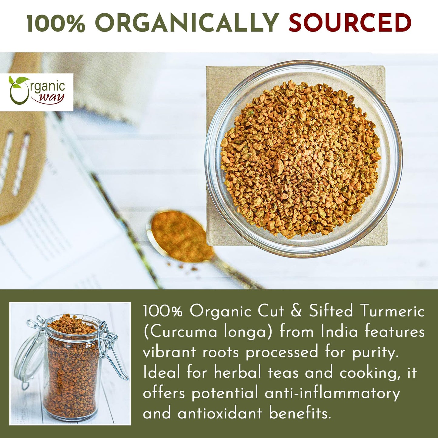 Organic Way Turmeric Root Cut & Sifted Herbal Tea - Vegan, Non-GMO, Gluten Free, 1 Pound