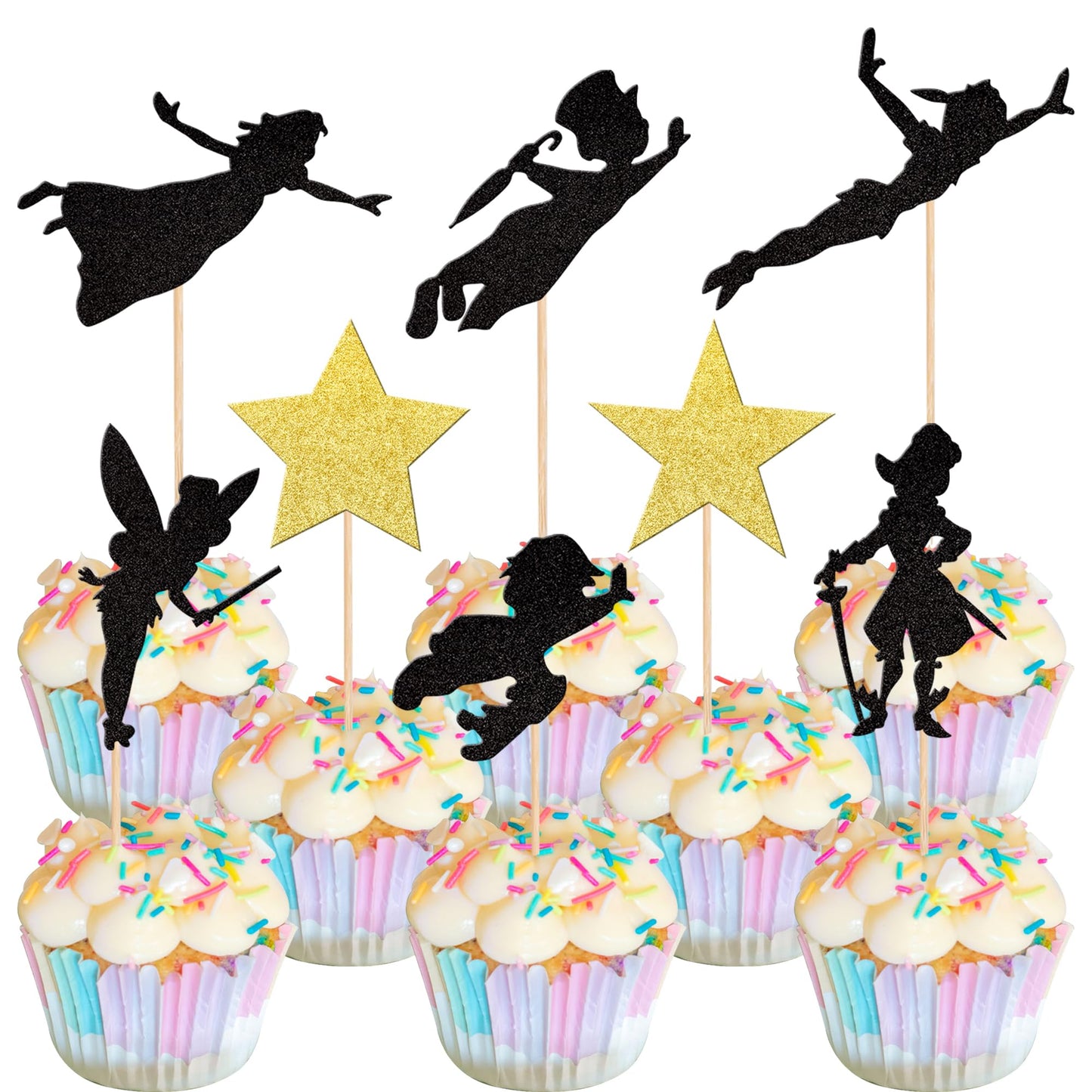 24 PCS Peter Pan Cupcake Toppers Glitter Star Do Not Grow Up Night Fairy Tales Neverland Elf Girl Cupcake Picks for Baby Shower 
