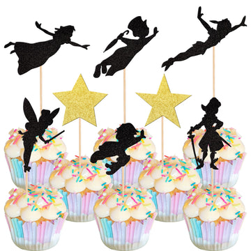 24 PCS Peter Pan Cupcake Toppers Glitter Star Do Not Grow Up Night Fairy Tales Neverland Elf Girl Cupcake Picks for Baby Shower 