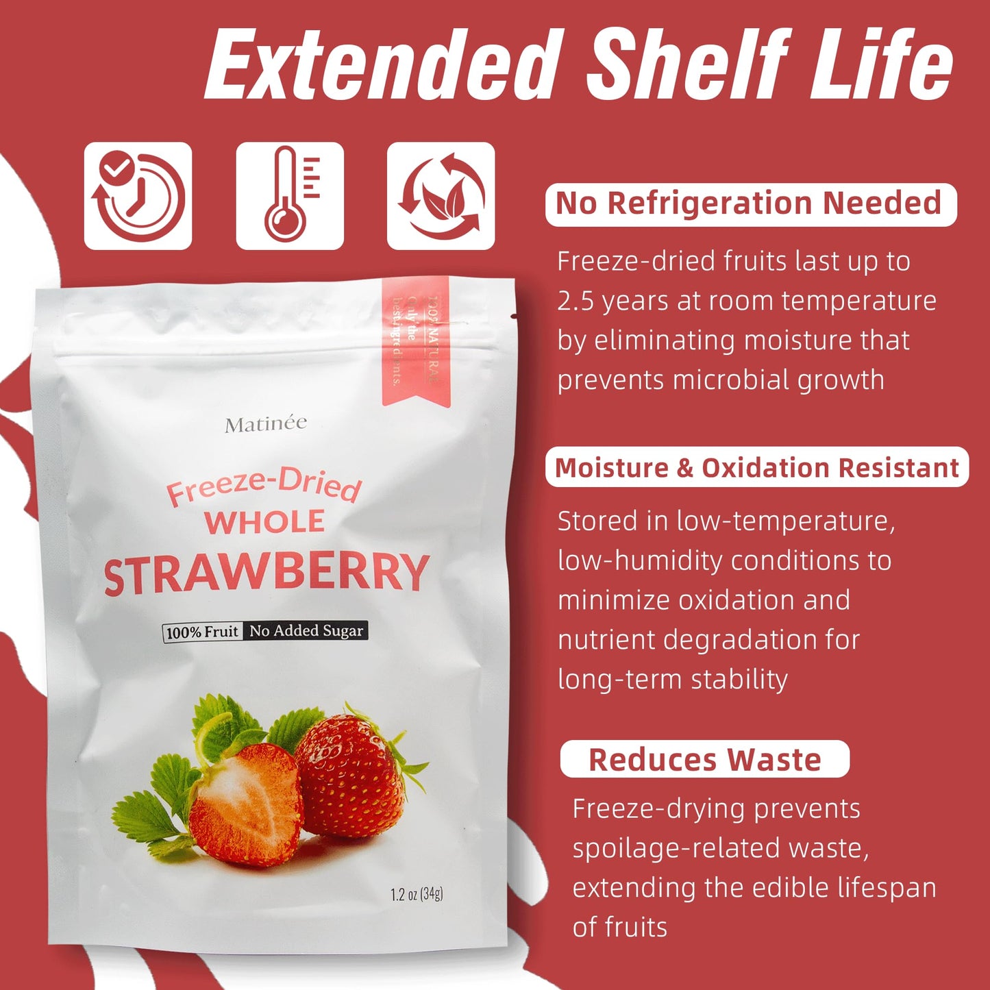 MATINÉE Freeze Dried Strawberries, Whole Dried Fruit Snack, Vegan, Non-GMO, Preservative Free, 1.2oz (Pack of 4)