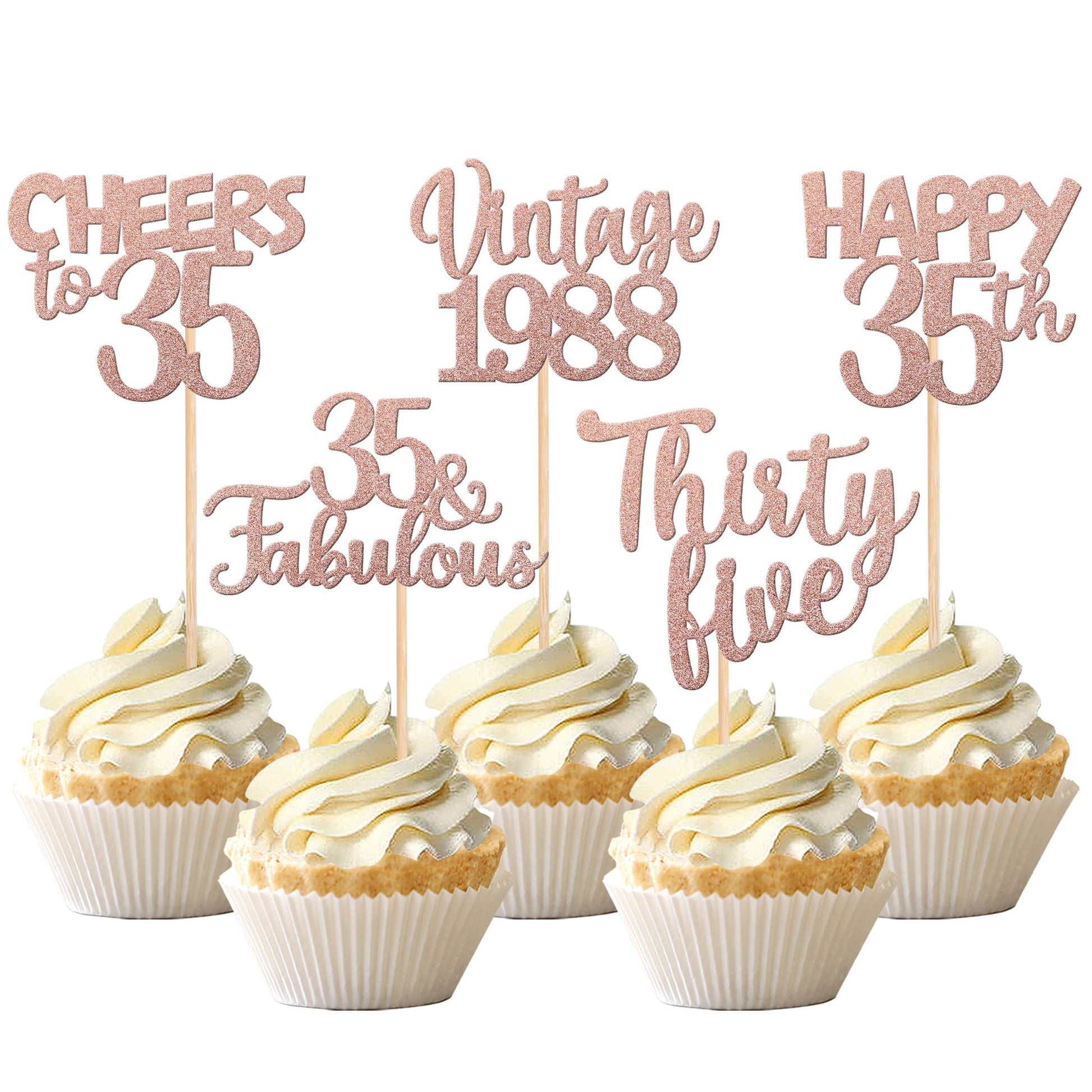 30Pcs Happy 35Th Birthday Cupcake Toppers Glitter Thirty Five 35 Fabulous Vintage 1988 Cupcake Picks Cheers To 35 Years For 35Th