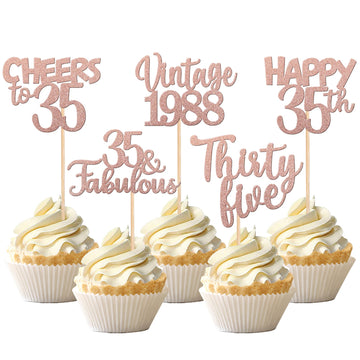 30Pcs Happy 35Th Birthday Cupcake Toppers Glitter Thirty Five 35 Fabulous Vintage 1988 Cupcake Picks Cheers To 35 Years For 35Th
