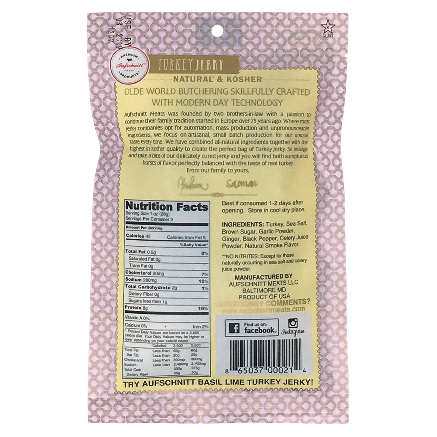 Aufschnitt Turkey Jerky For People - Certified Kosher, Gluten Free, No Nitrites, Paleo Snack - 5 Pack, 2 Oz Each - Ginger Garlic