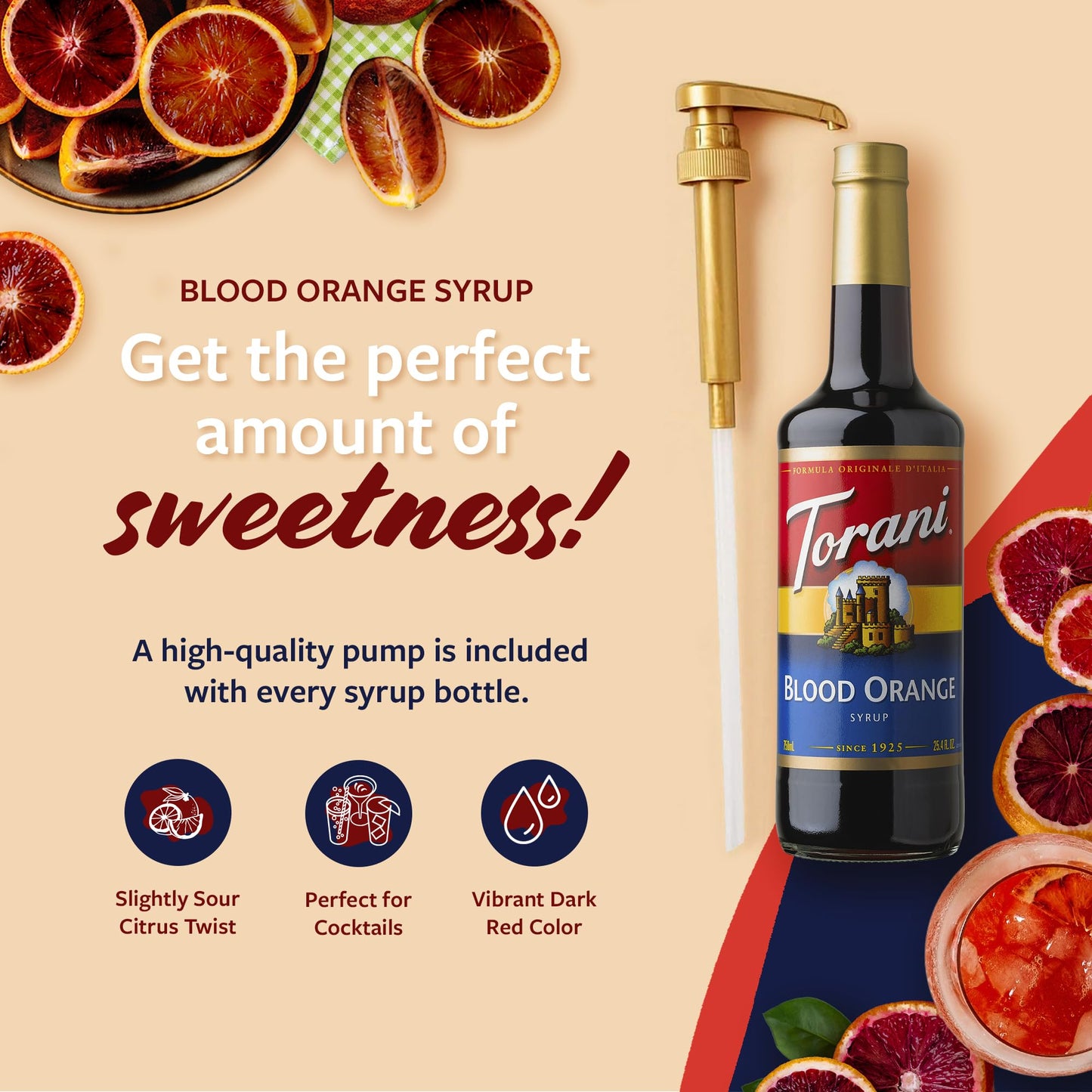 Torani Blood Orange Syrup for Drinks  Flavoring for Iced Tea  Lemonade  Sodas  and Cocktails  Glass Bottle with Pump Included  25.4 Fl Oz