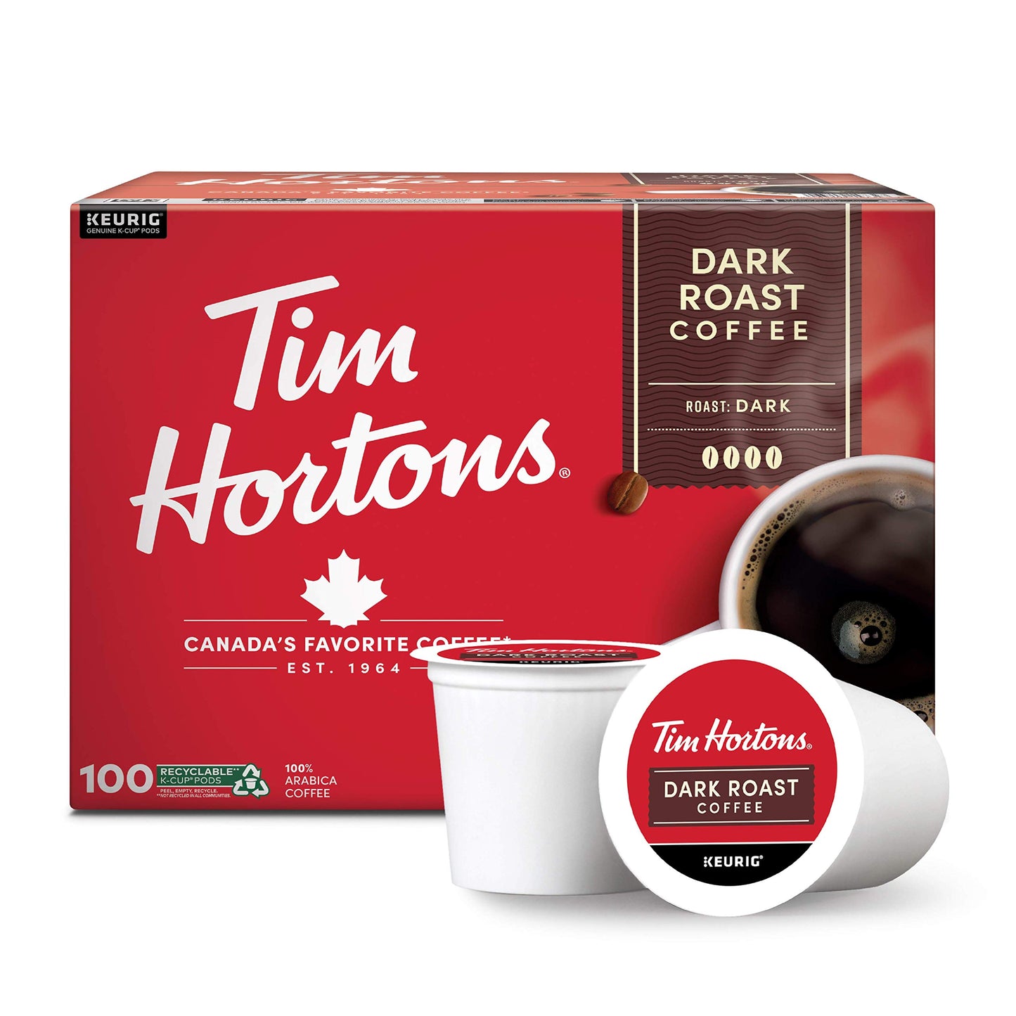 Tim Hortons Dark Roast Coffee K-Cup Pods, 100 Count, Compatible with Keurig Brewers, Model 6320914732