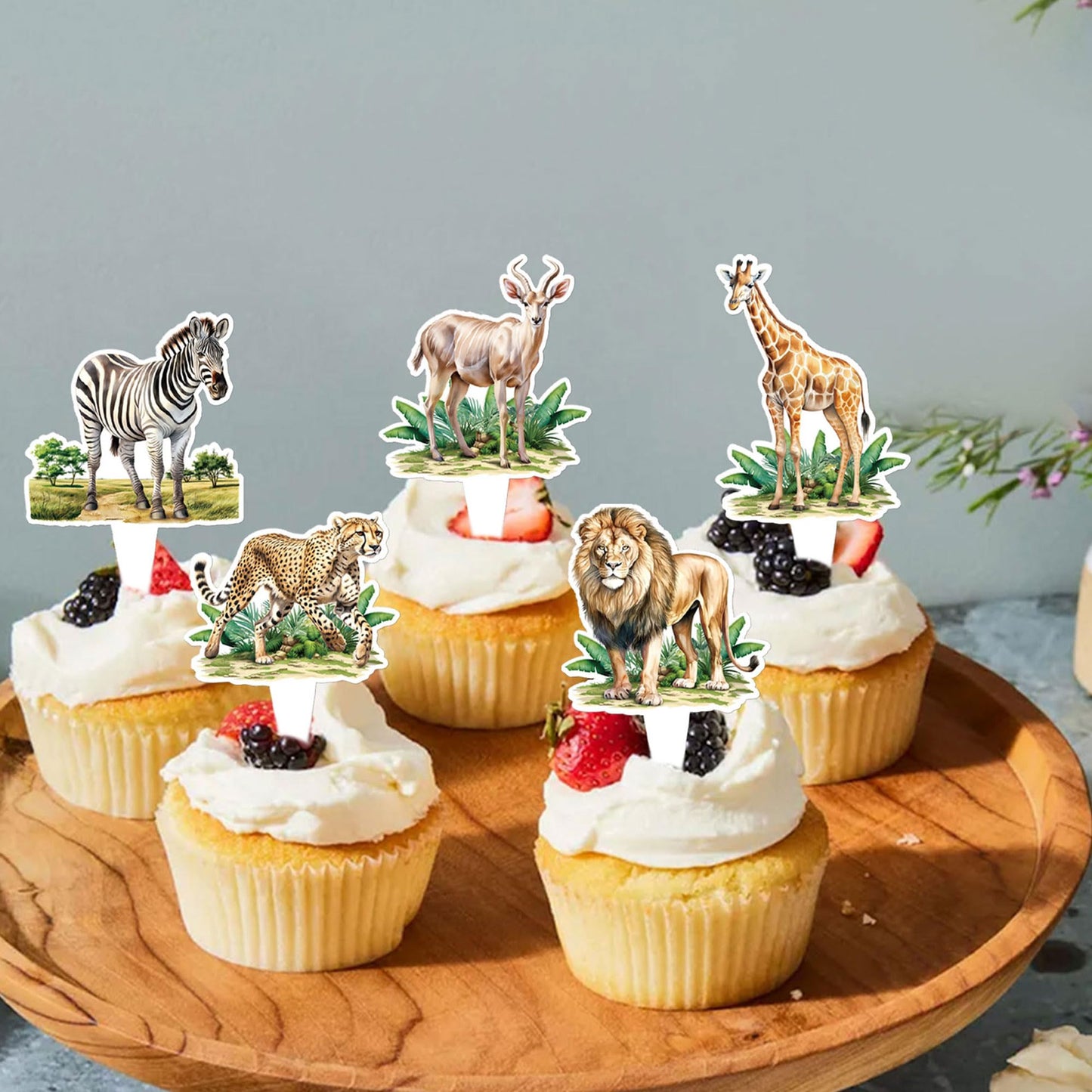Cyodoos 24Pcs Jungle Safari Animal Cupcake Toppers,Selected Jungle Themed Children'S Party Birthday And Baby Shower Cake Decorat