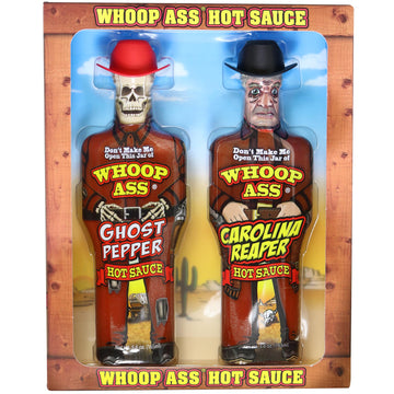 WHOOP ASS Ghost Pepper & Carolina Reaper Hot Sauce Gift Set - 5.6 oz (Pack of 2) - Collectible Figurine Bottles - Red