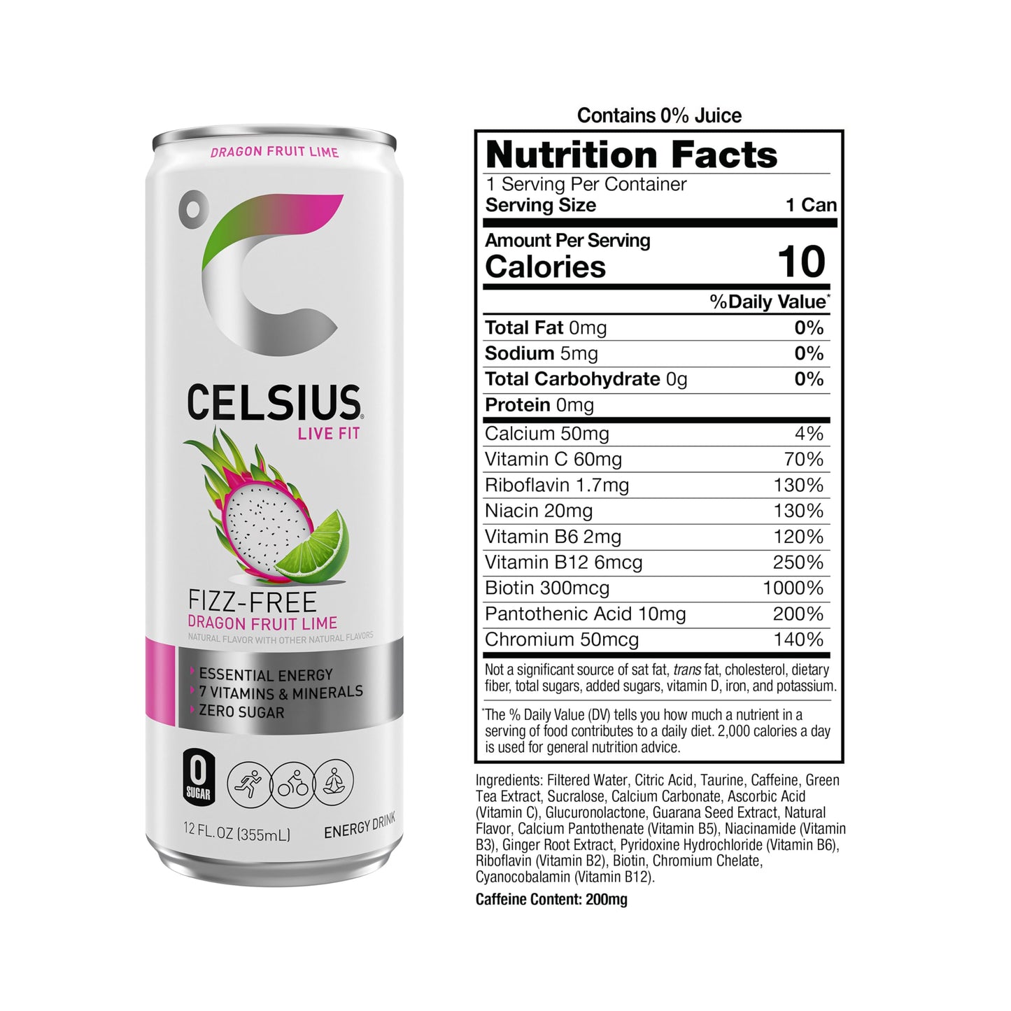 CELSIUS Fizz Free Dragon Fruit Lime  Sugar Free Energy Drink  12 Fl Oz (Pack of 12)