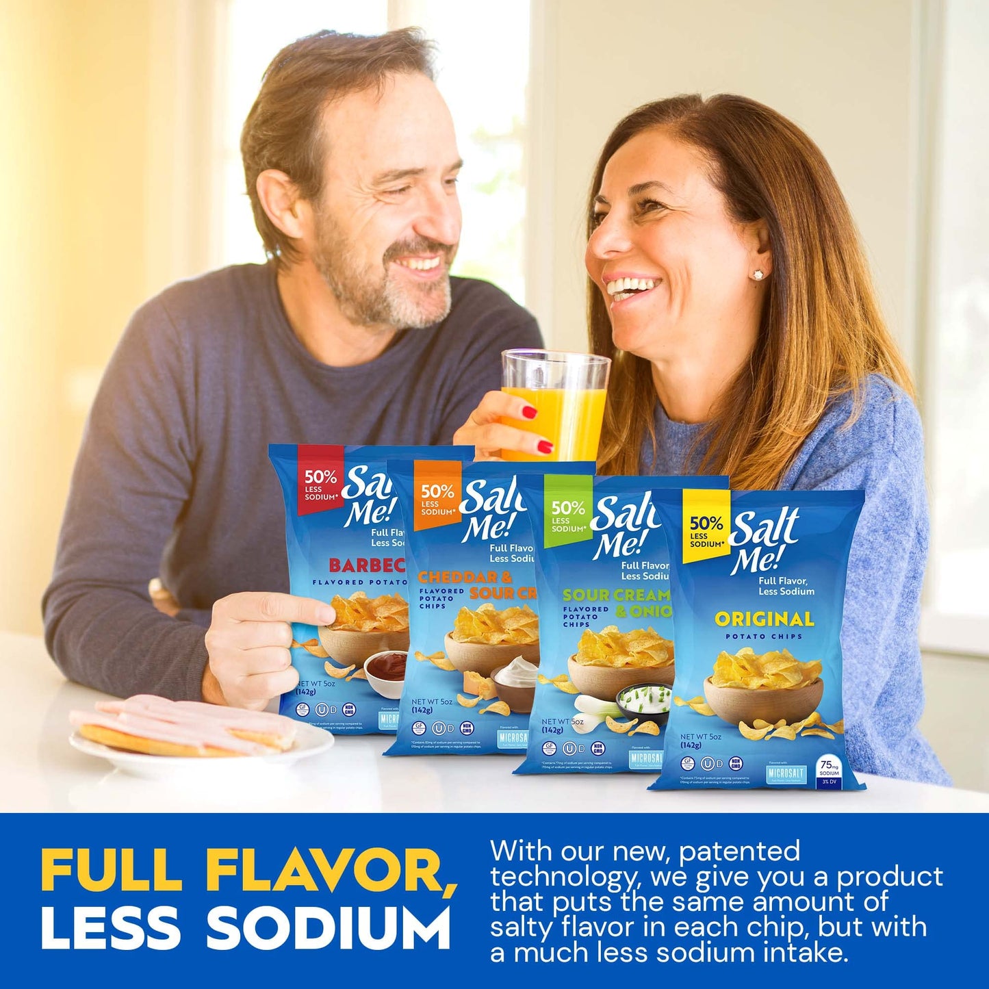 Saltme! 4 Flavor Variety Pack Potato Chips, 50% Low Salt, Kosher, Non-Gmo, Better For You Chips, Original-Bbq-Sc&Onion-Ched&Sour