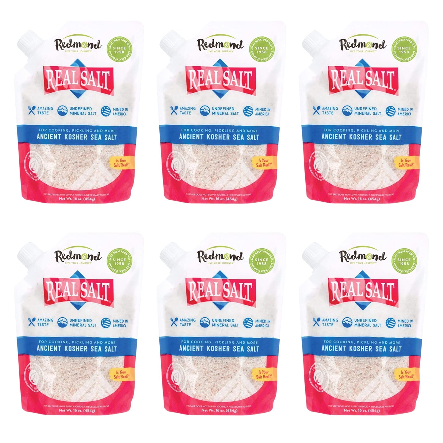 Redmond Real Sea Salt - Natural Unrefined Gluten Free Kosher, 16 Ounce Pouch (6 Pack)