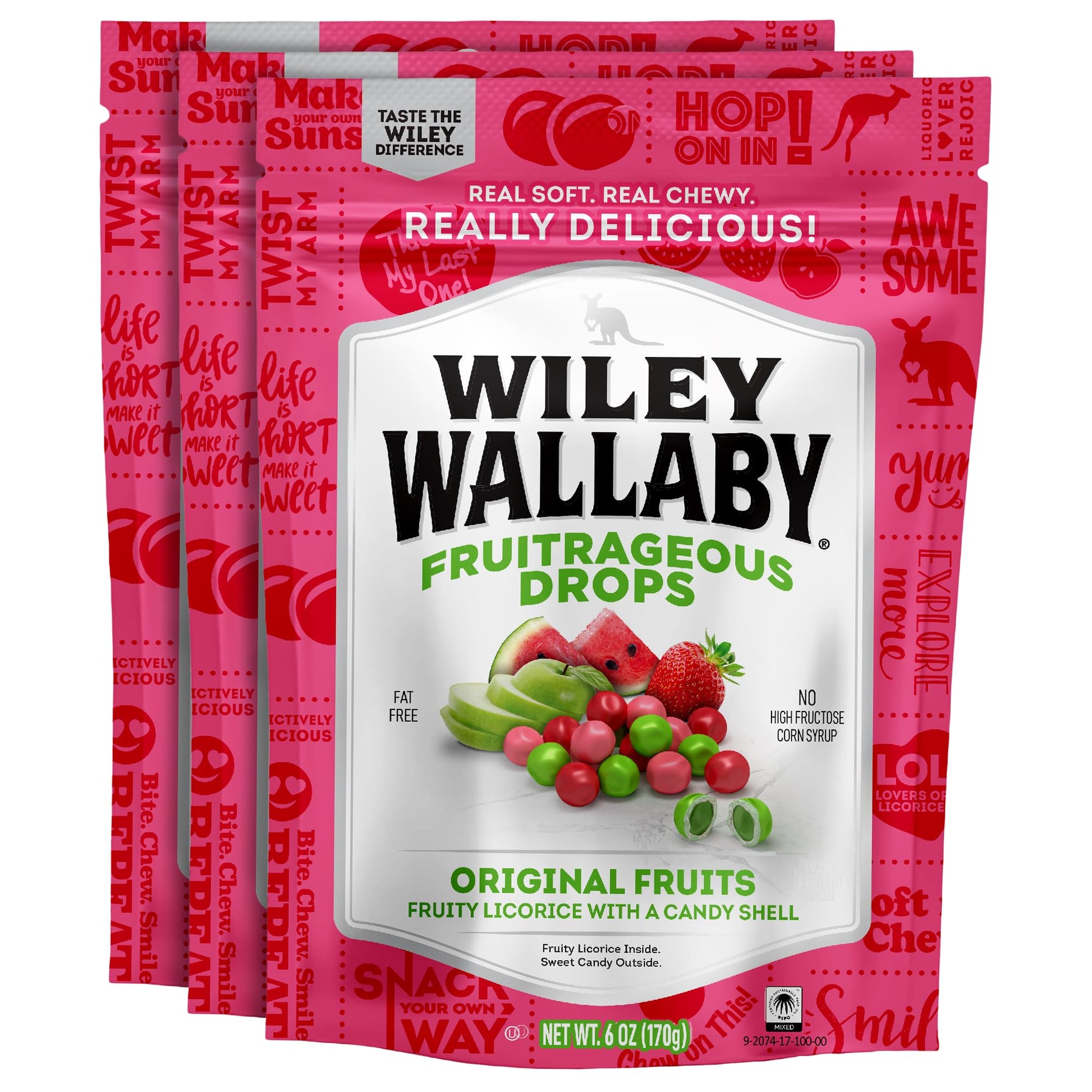 Wiley Wallaby 6 Oz. Fruitrageous Drops Original Fruits Gourmet Australian Style Soft & Chewy Licorice Candy Drops, 3 Pack