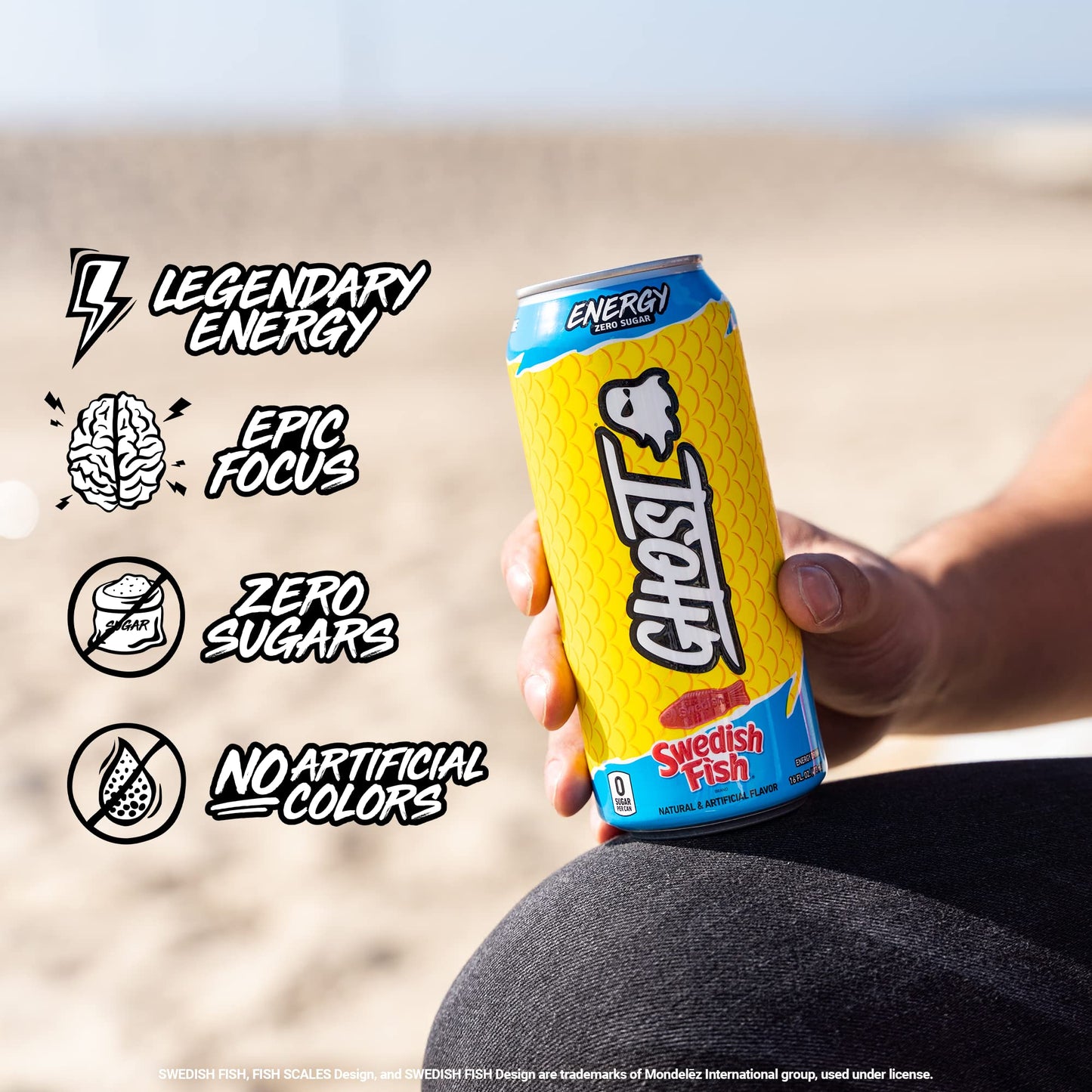 GHOST Energy Drink - 12-Pack  Swedish Fish  16oz Cans - Energy & Focus & No Artificial Colors - 200mg of Natural Caffeine  L-Carnitine & Taurine - Gluten-Free & Vegan