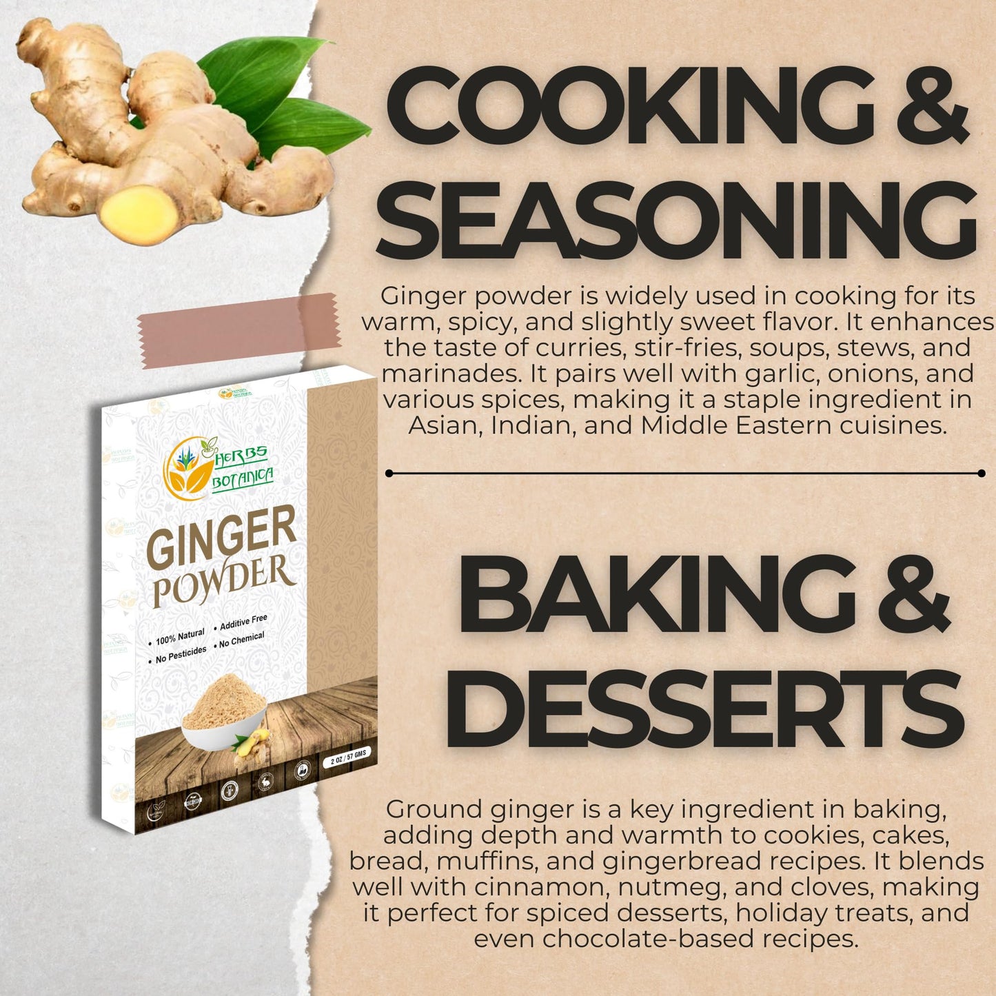 Herbs Botanica Ginger Powder Jenjibre En Polvo Premium Ground Ginger Root For Cooking, Baking, Smoothies & Spice Blends Finely M
