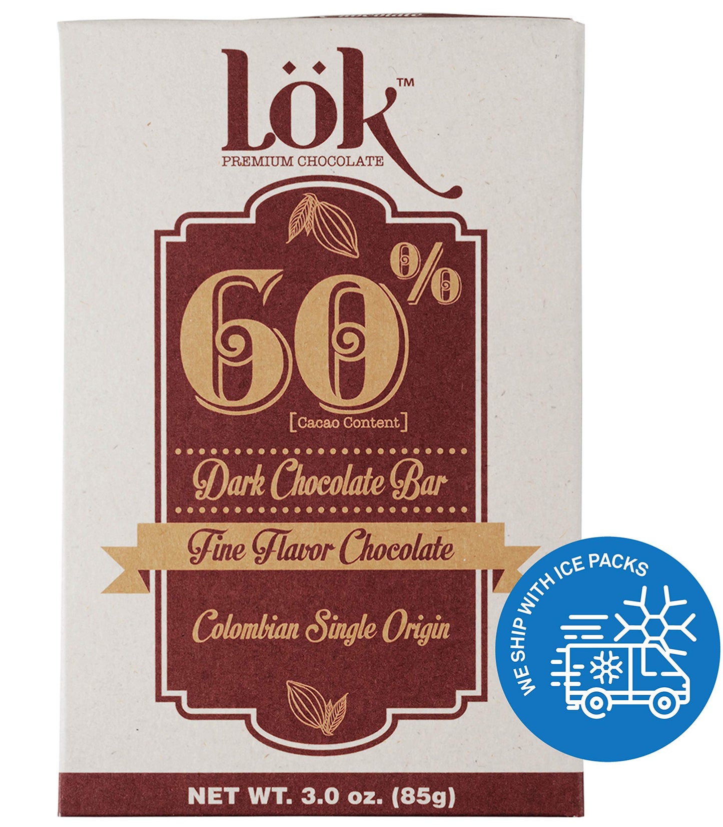 LöK Dark Chocolate Bar 60% Cacao | Fair Trade, Non-GMO, Vegan | 3 Ounce 3 Pack