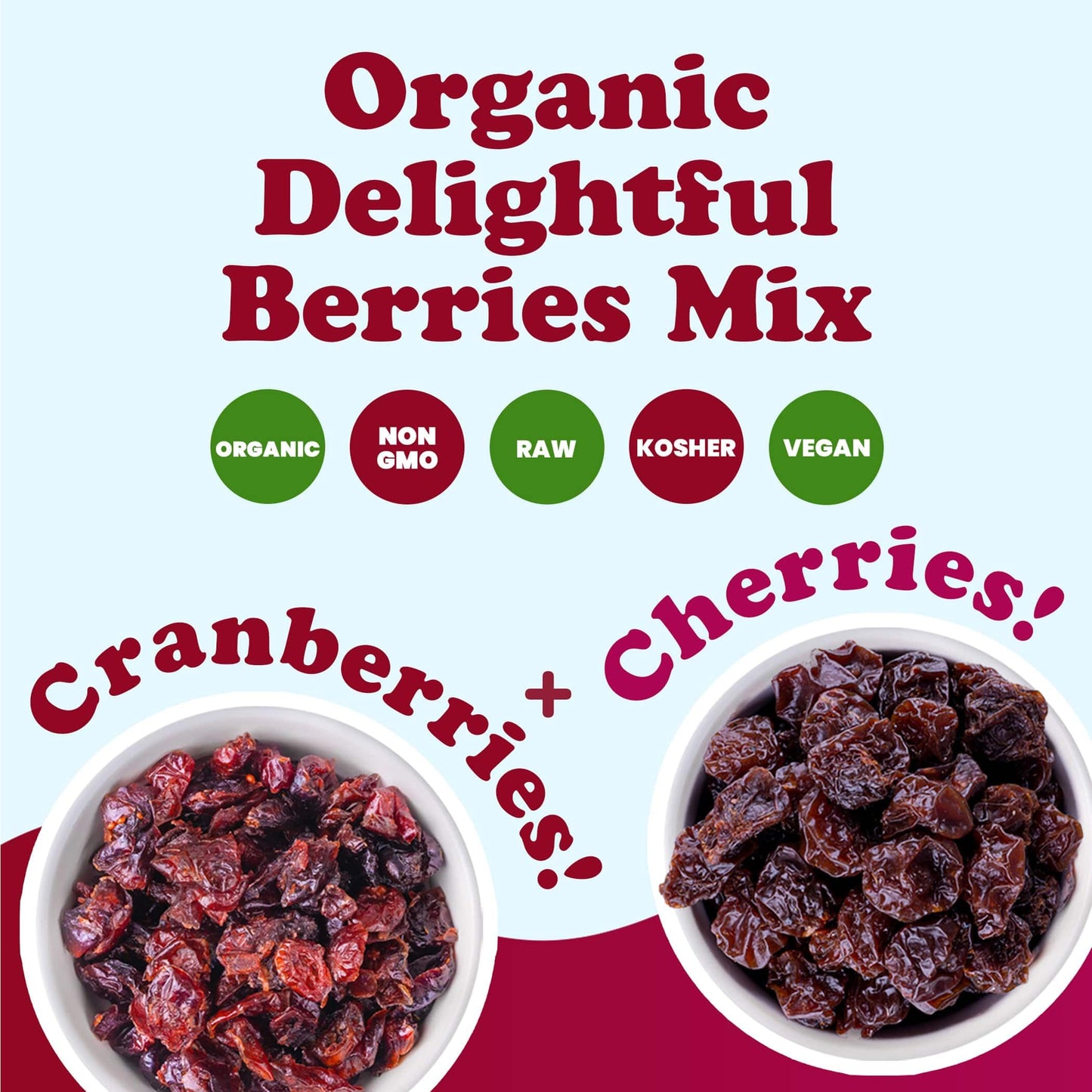 Organic Delightful Berries Mix, 8 Ounces - A Blend Of Non-Gmo Dried Cherries & Cranberries. Gently Infused With Organic Sugar. L