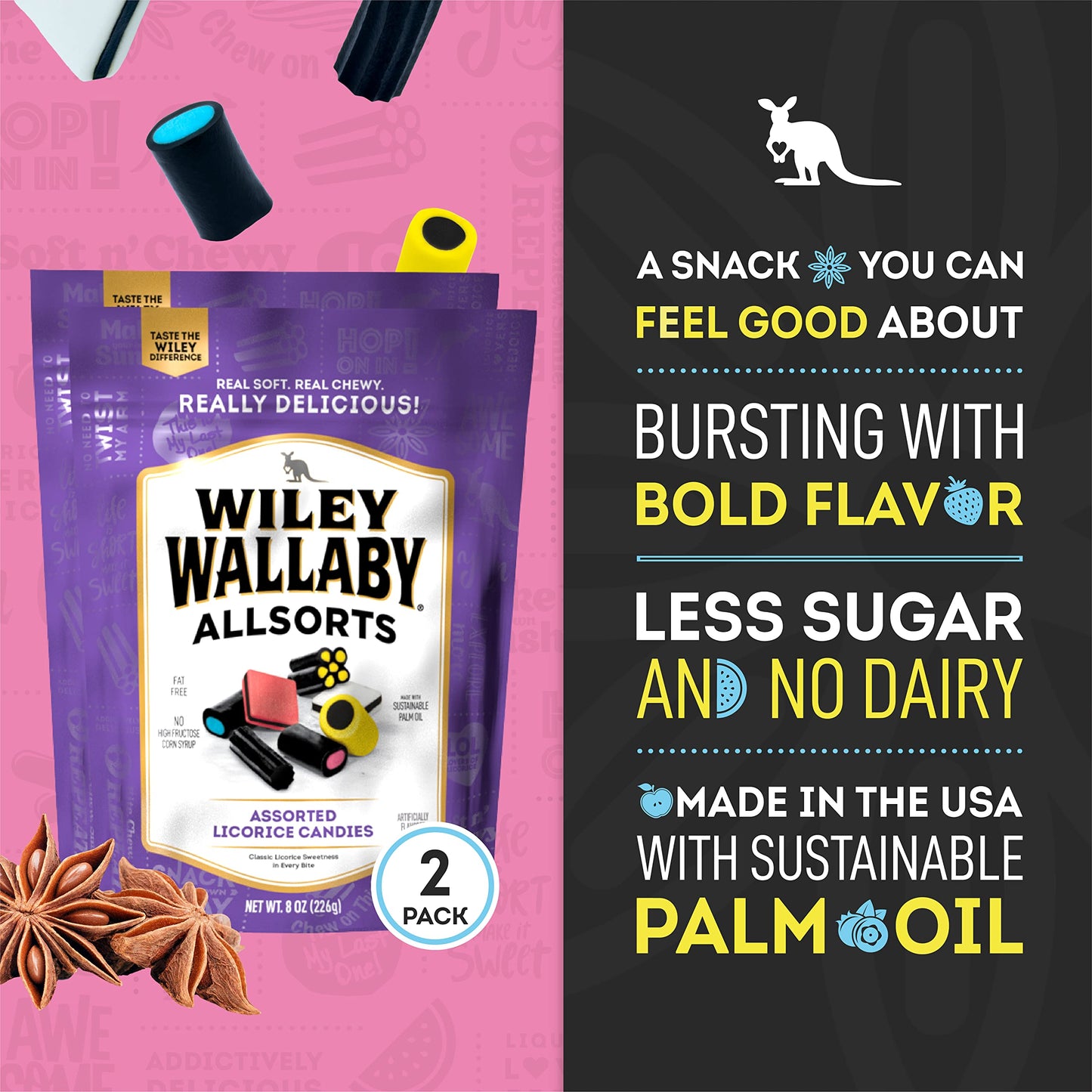 Wiley Wallaby 8 Ounce Allsorts Gourmet Australian Style Soft & Chewy Assorted Licorice Candy (2 Pack)