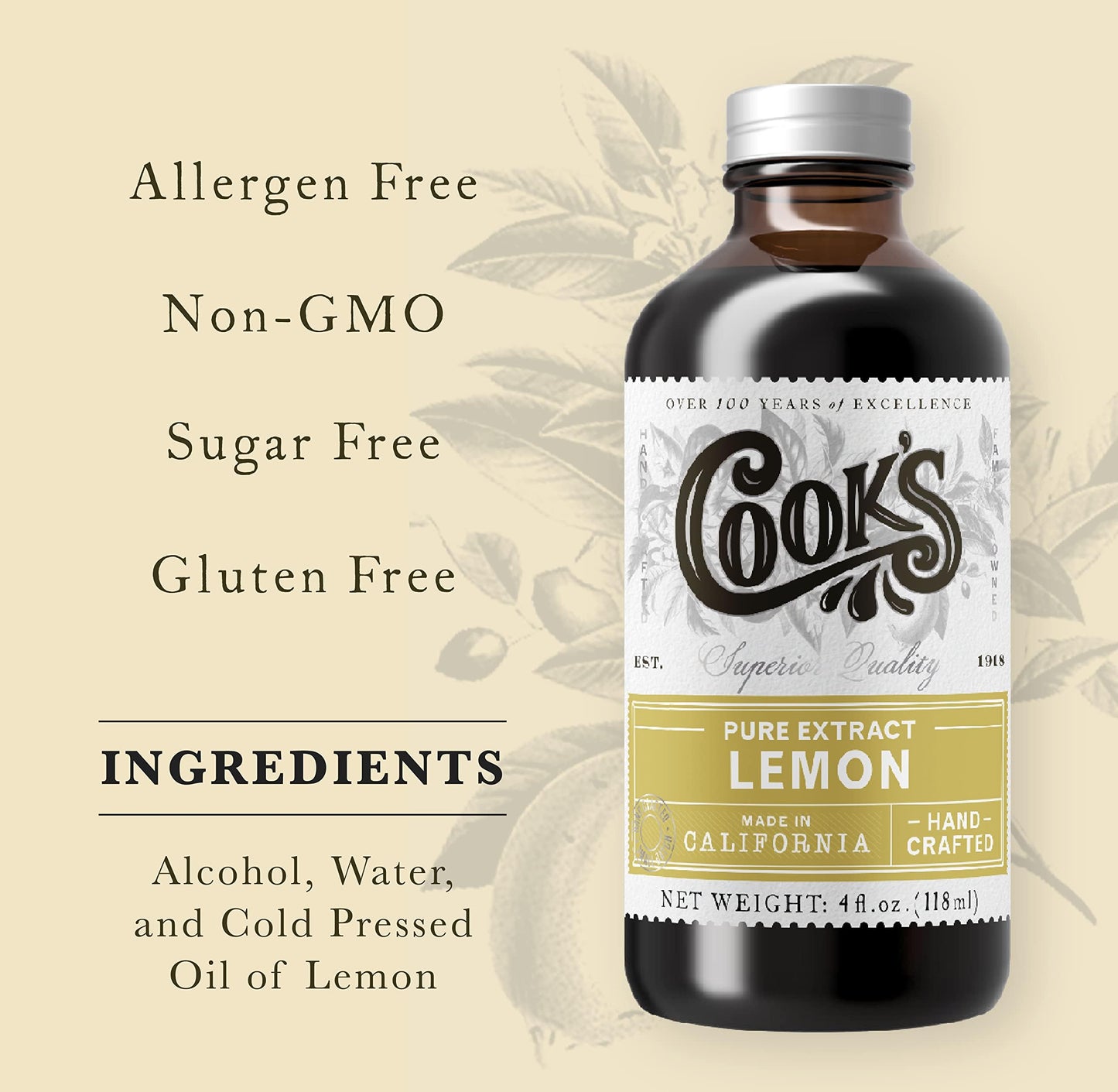 Cook'S Pure Lemon Extract, Premium Quality, Cold Pressed Lemon, Sugar Free, Gluten Free, Allergen Free, 32 Oz