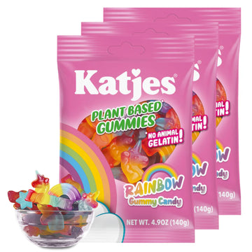 Katjes Plant Based Rainbow Gummy Candy 3 Pack - Cherry, Strawberry, Blueberry & Orange Flavored Gummy Snacks - Palm Oil Free - N