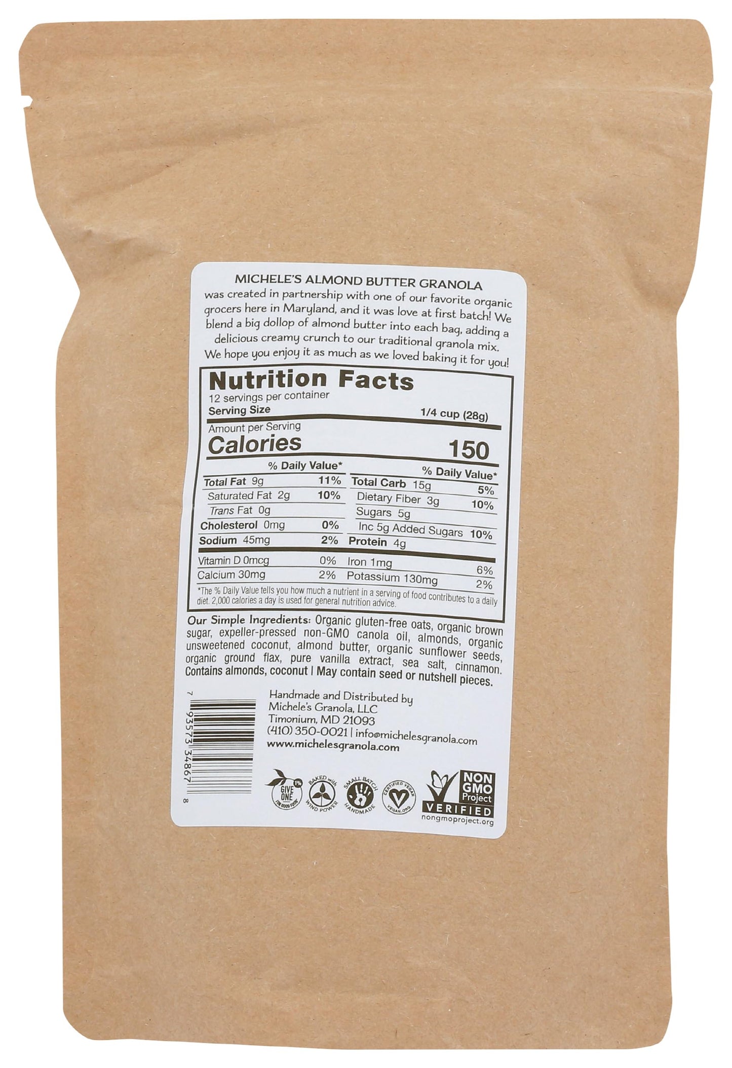 Micheles Granola - Almond Butter - Handmade Non-GMO Whole Grain Oats - Free of Gluten, Soy, Wheat, & Dairy