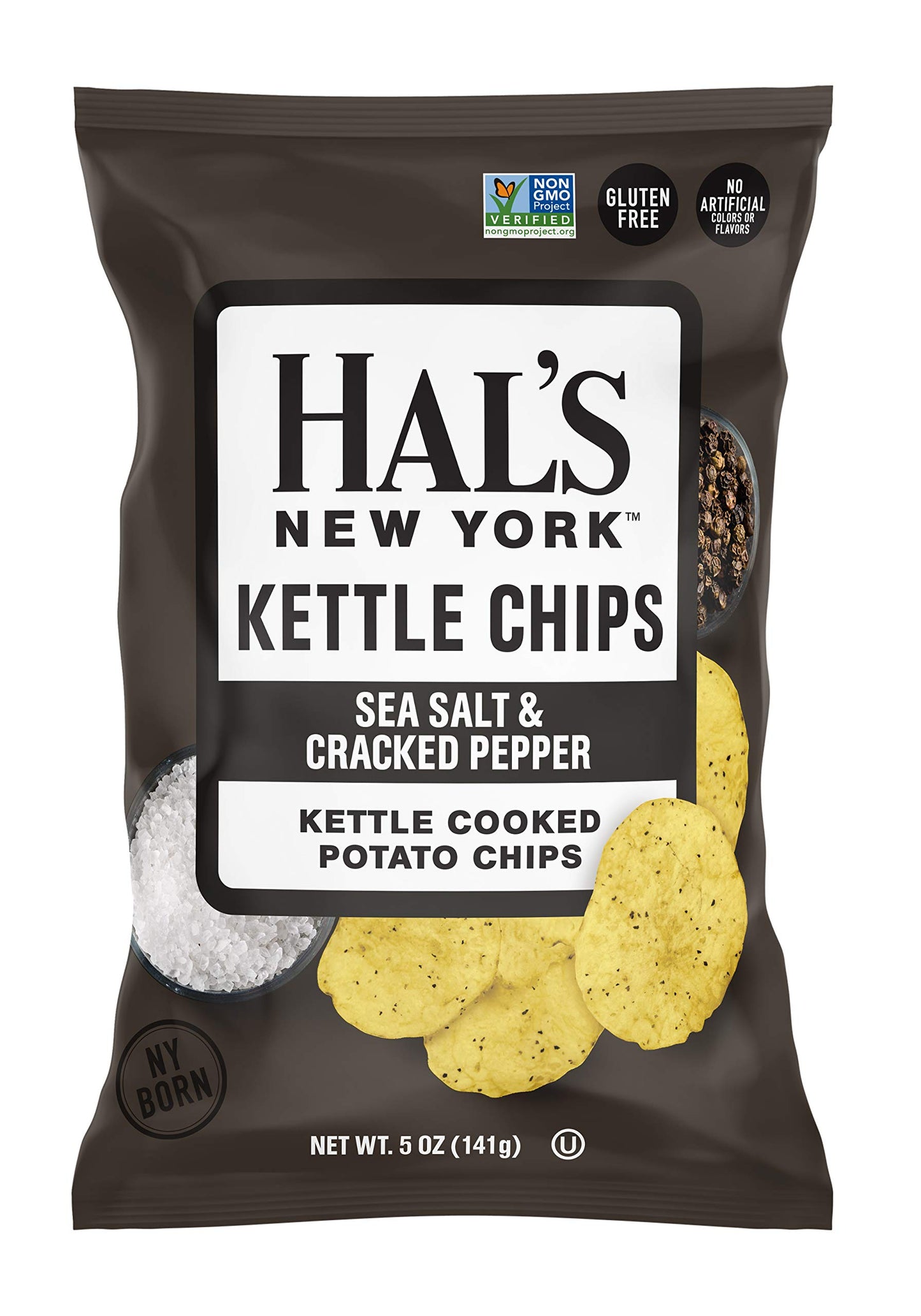 Hal's New York Kettle Chips, Sea Salt & Cracked Pepper Kettle Cooked Potato Chips, No Artificial Colors or Flavors, Kosher, Glut