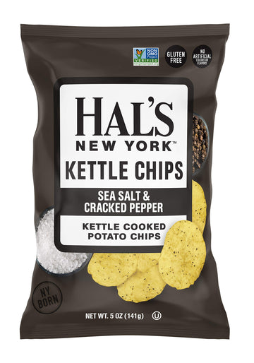 Hal's New York Kettle Cooked Potato Chips, Gluten Free, Sea Salt & Cracked Pepper, 5 oz Bag (Pack of 6)