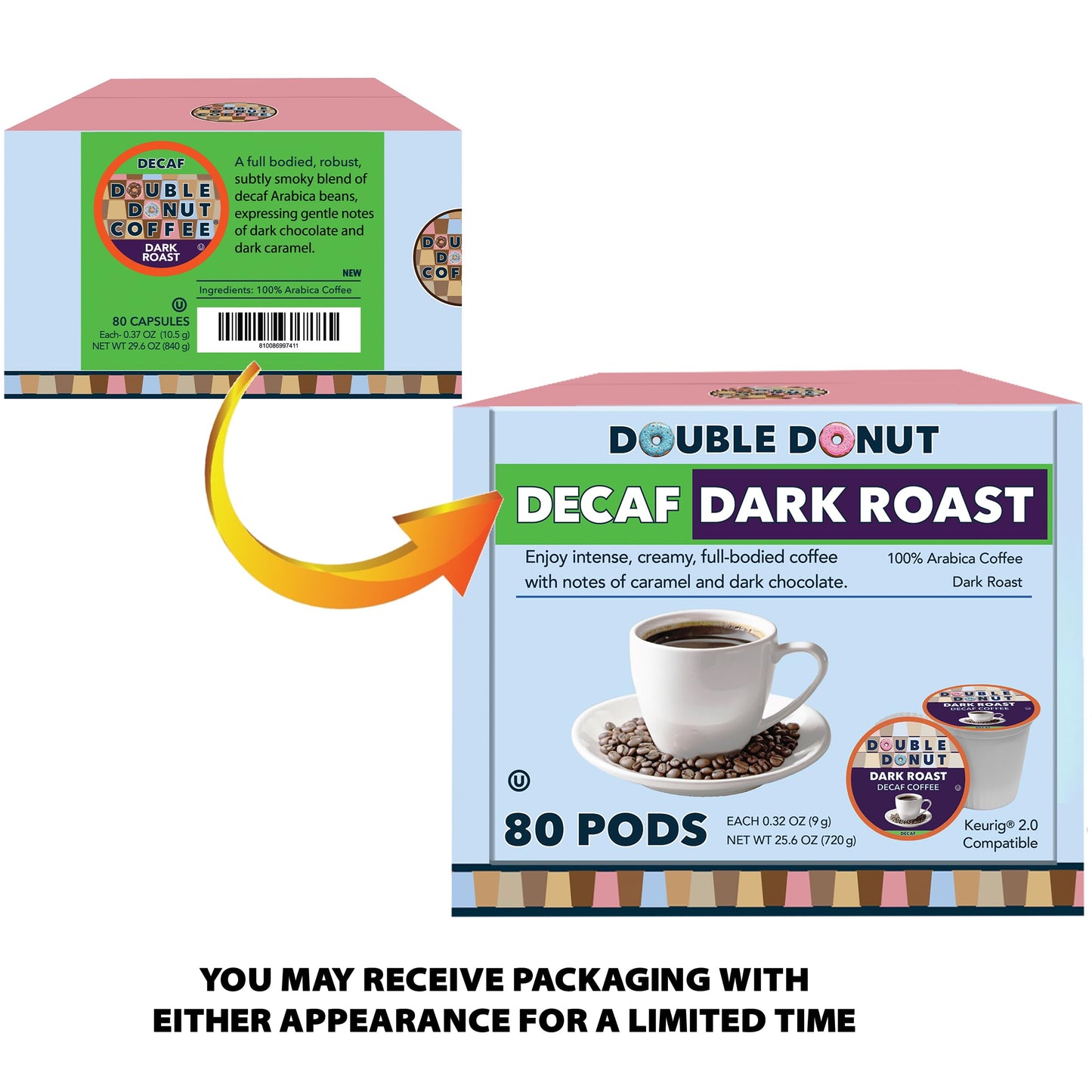 Double Donut Decaf Dark Roast Coffee Pods  Extra Bold Blend Coffee  Single Serve Coffee For Keurig K Cups Machines  Decaf Dark Roast Coffee in Recyclable Pods  80 Count