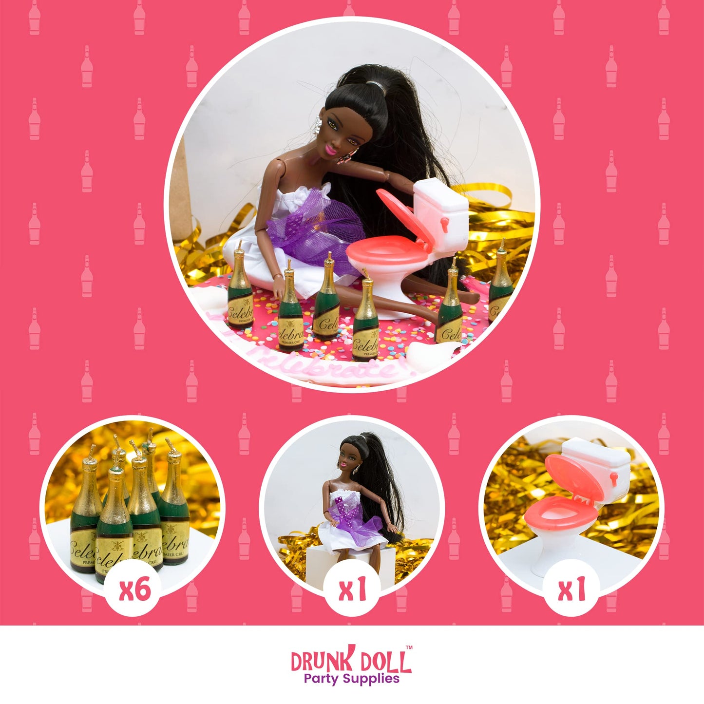 Drunk Doll Cake Toppers - Funny Bachelorette Party Decoration Kit - 8 Piece Set - African American