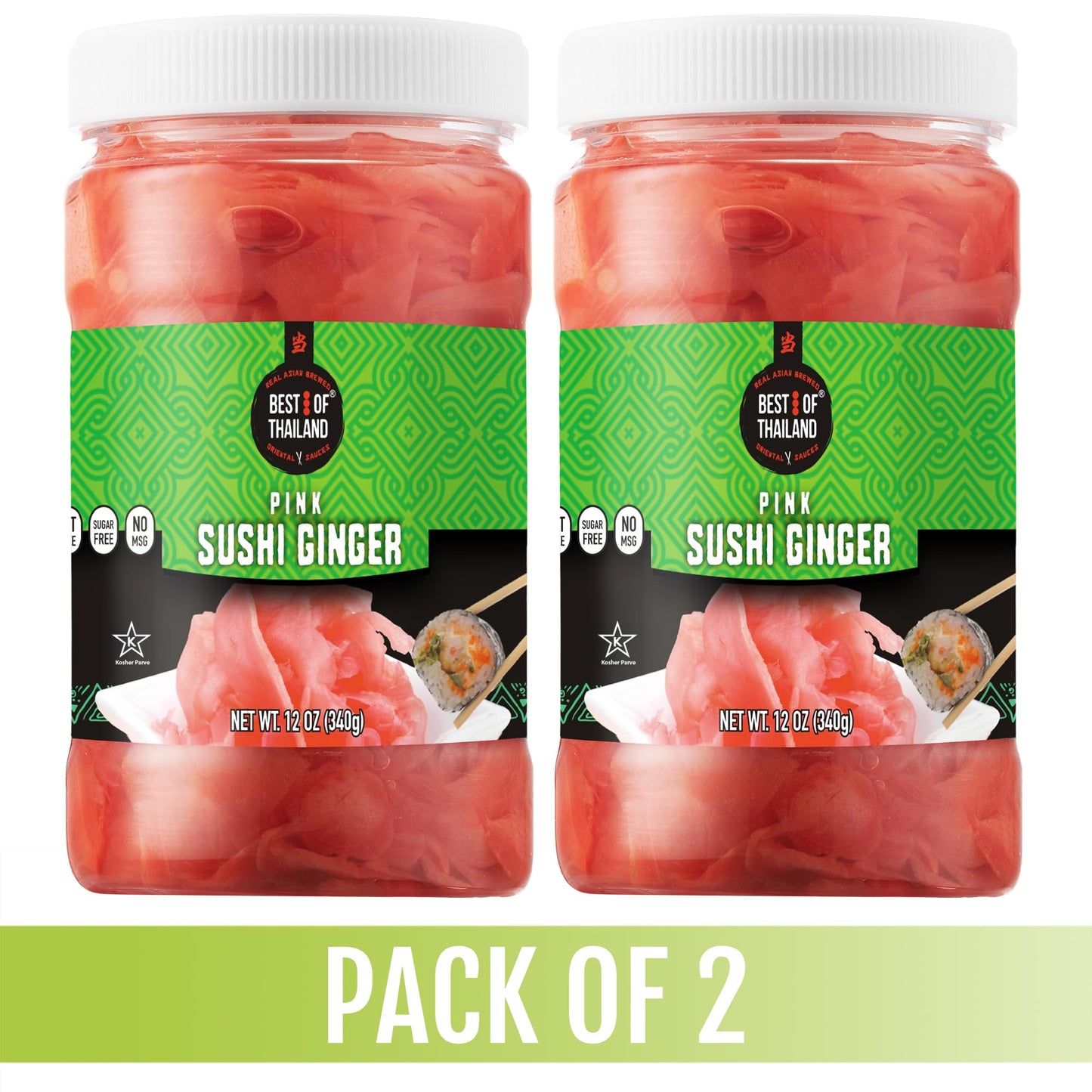 Best of Thailand Japanese Pink Pickled Sushi Ginger | No MSG | 2 Jars of 12oz Fresh Sliced Young Gari Pickled Ginger in Sweet Pi