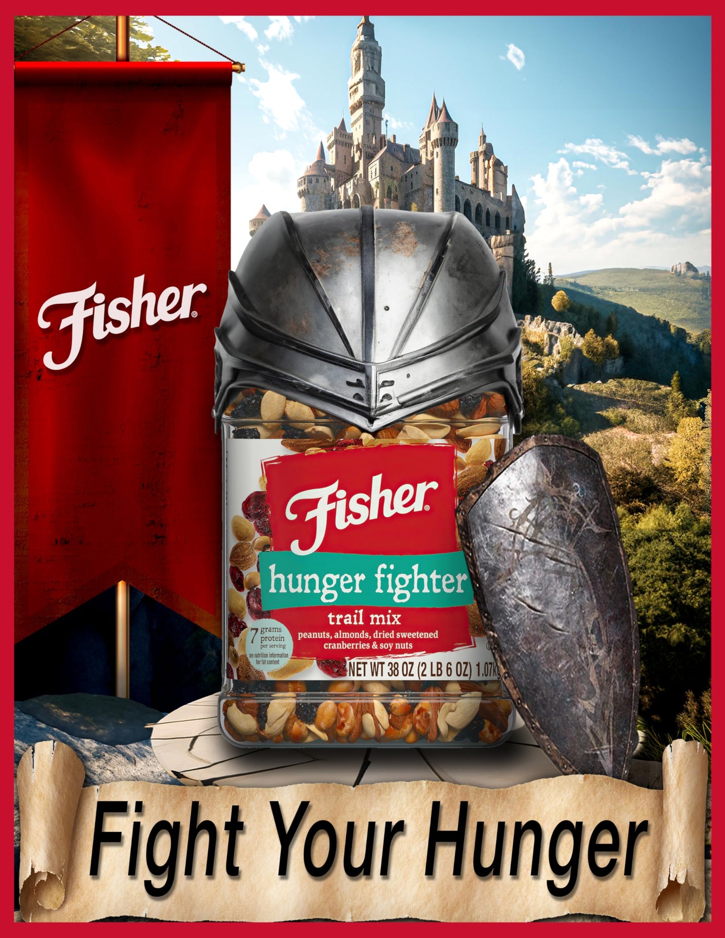 Fisher Snack Hunger Fighter Trail Mix, 38 Ounces, Peanuts, Almonds, Dried Sweetened Cranberries, Soy Nuts