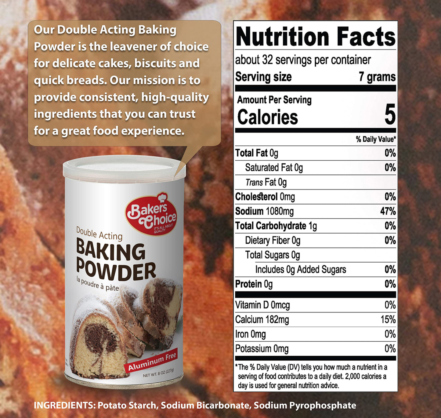Bakers Choice Double Acting Baking Powder - Aluminum Free, Vegan, Vegetarian, 8 oz.