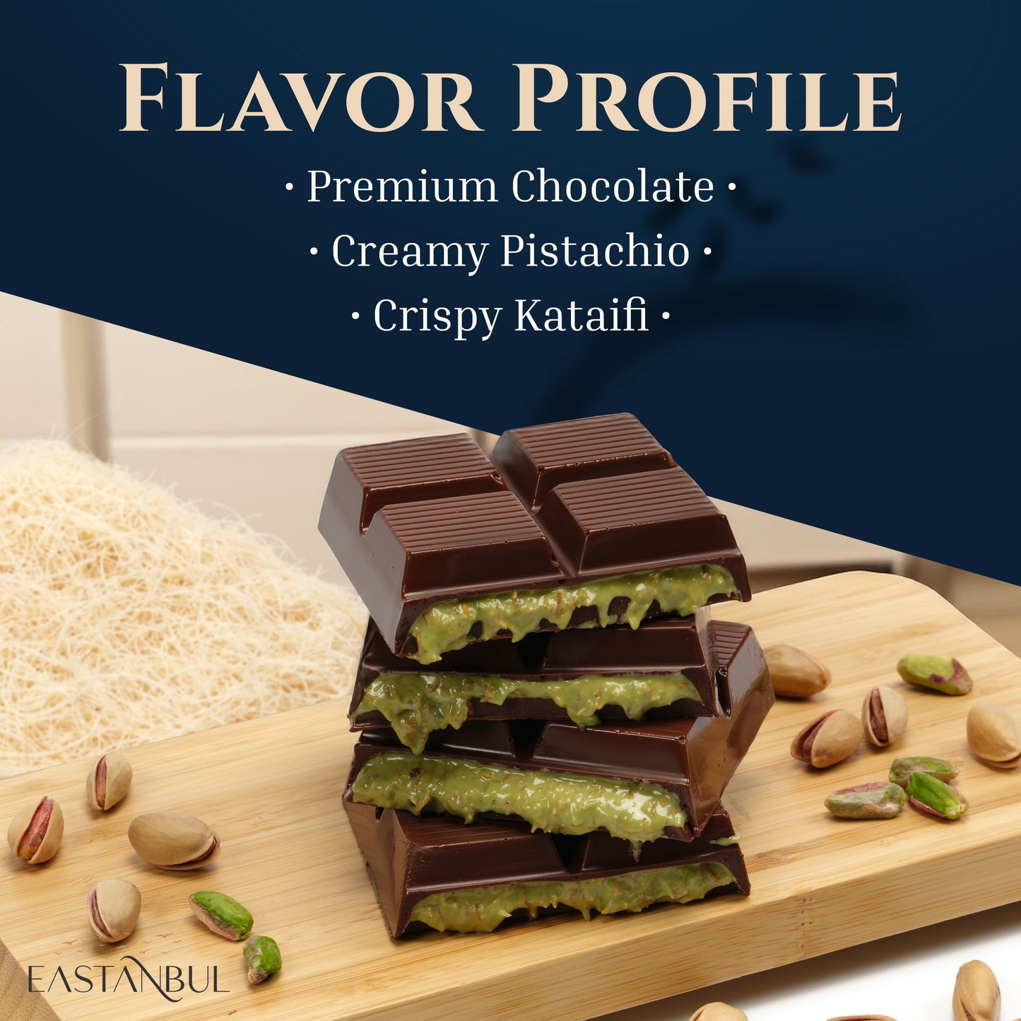 Eastanbul Dubai Dark Chocolate Bar Pistachio, 7Oz, Enhanced Belgium Chocolate, Pistachio Dubai Bar, Viral Candy With Shredded Phyllo Dough, Knafeh, Gift Box