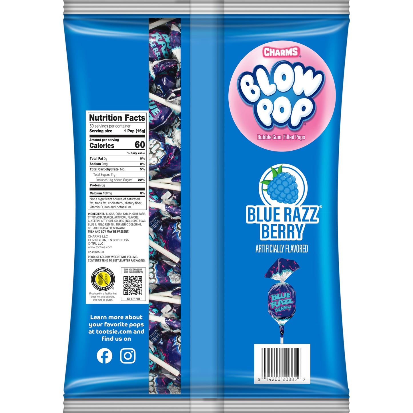 Charms Blow Pop Single Flavor Bag - Blue Raspberry Flavored Lollipops With A Bubble Gum Center - Individually Wrapped Hard Candy