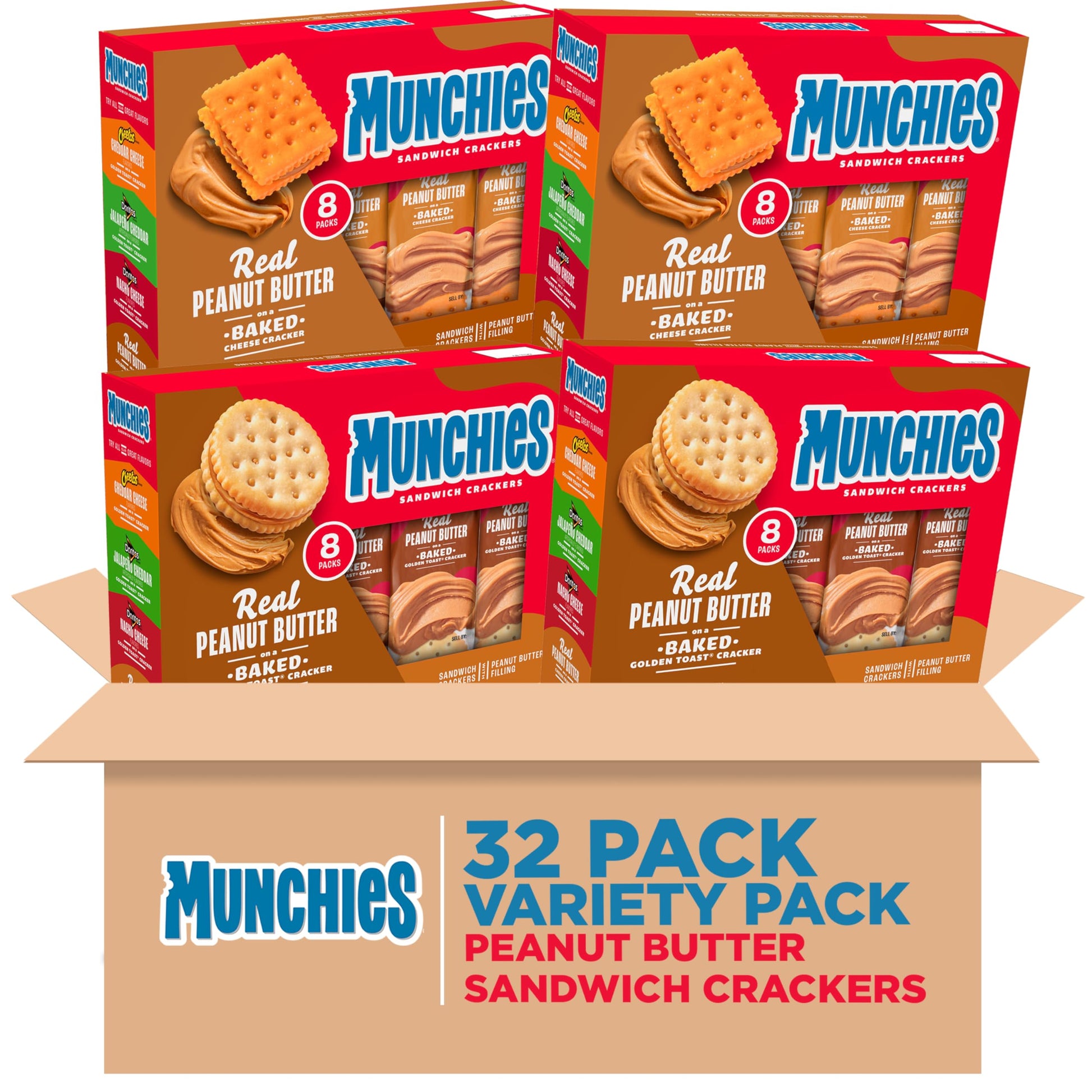 Munchies Sandwich Crackers, Assorted Peanut Butter Variety Pack (Pack Of 4, 32 Count)