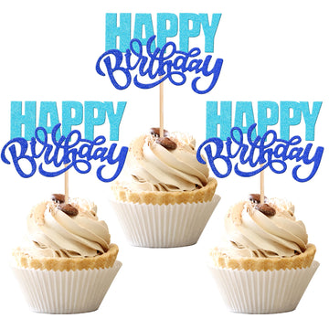 24 Pcs Happy Birthday Cupcake Toppers Glitter Double Layer Birthday Cupcake Picks For Celebrating Baby Shower Theme Kids Boys Gi