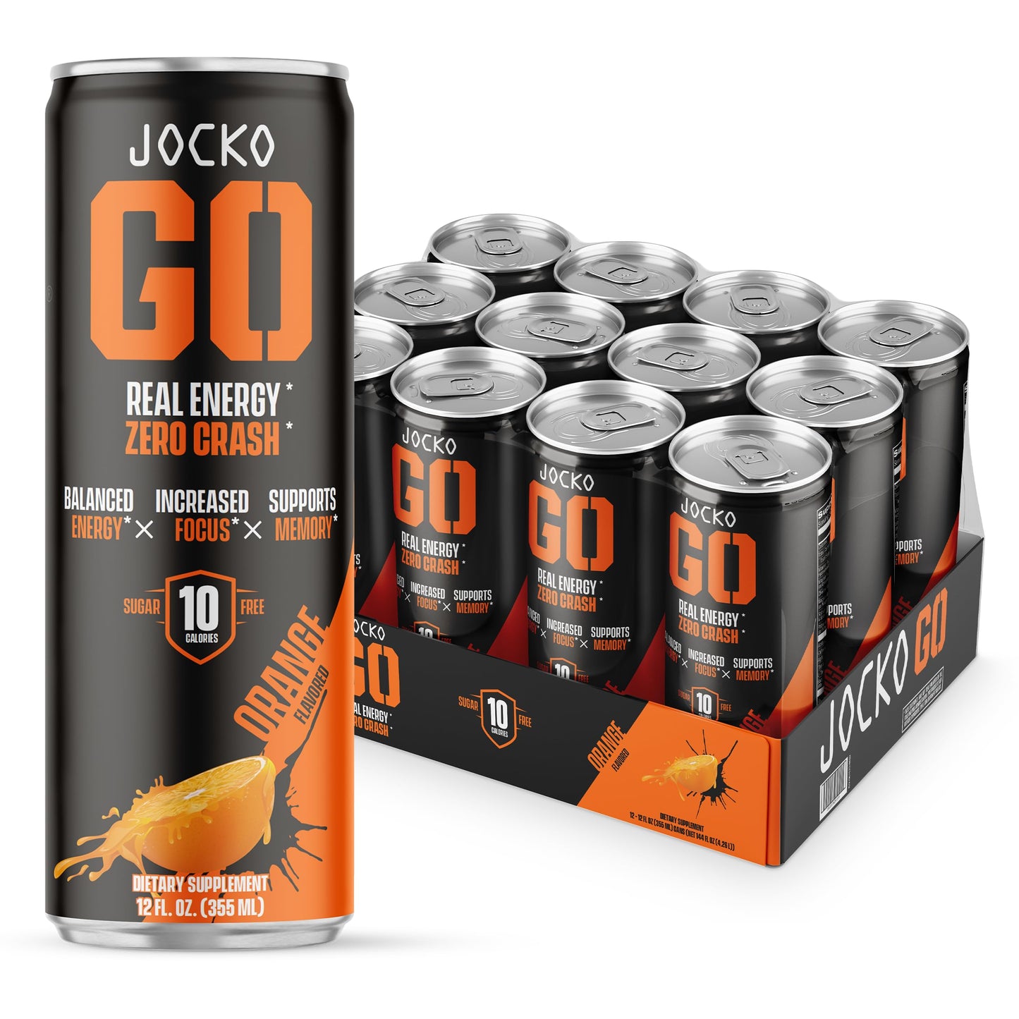 Origin Jocko GO Energy Drink - KETO, Sugar Free, Electrolytes, L-Theanine, 12 Fl Oz, Pack of 12, Afterburner Orange