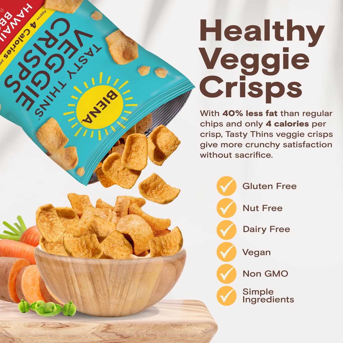 Biena Tasty Thins Veggie Crisps - Low-Calorie Veggie Chips For Adults And Kids - Variety Pack (6X4-Oz Bags) - Hawaiian Bbq, Hima