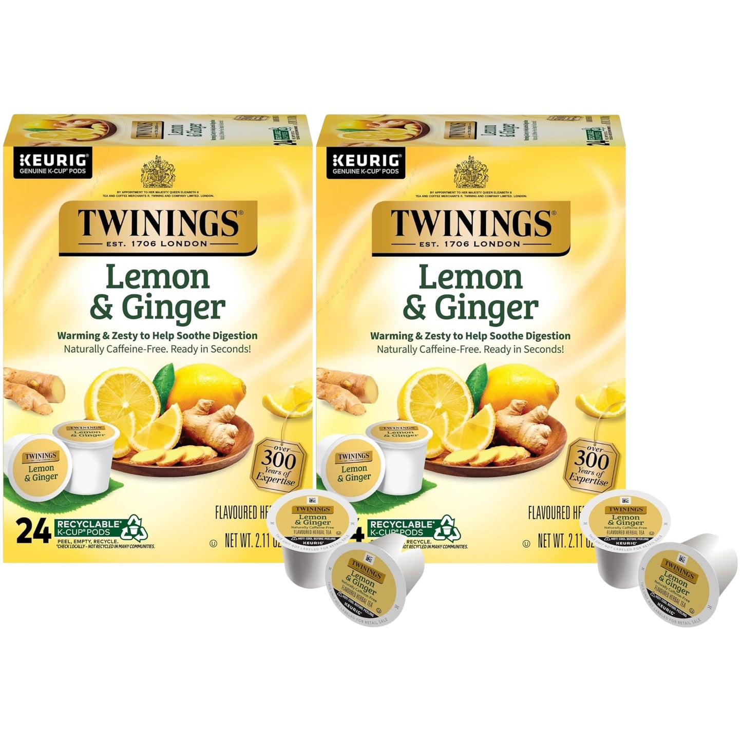 Twinings Lemon & Ginger Herbal Tea K-Cup Pods, Naturally Caffeine-Free, 24 Count (Pack of 2), Yellow