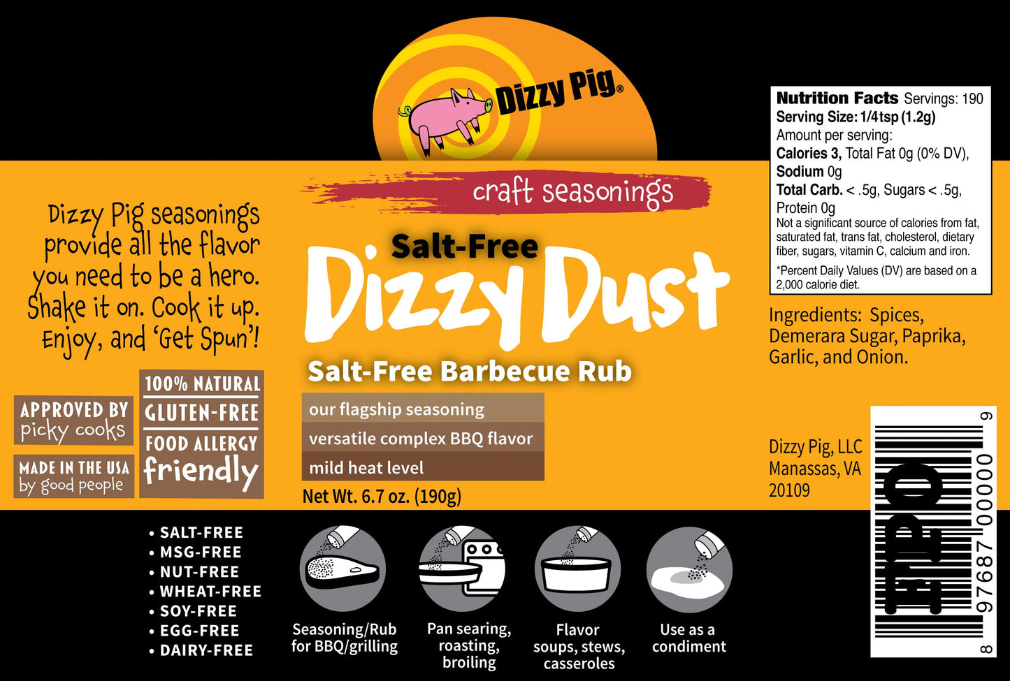 Dizzy Pig Salt Free Dizzy Dust All Purpose Seasoning And Bbq Rub - 6.7Oz