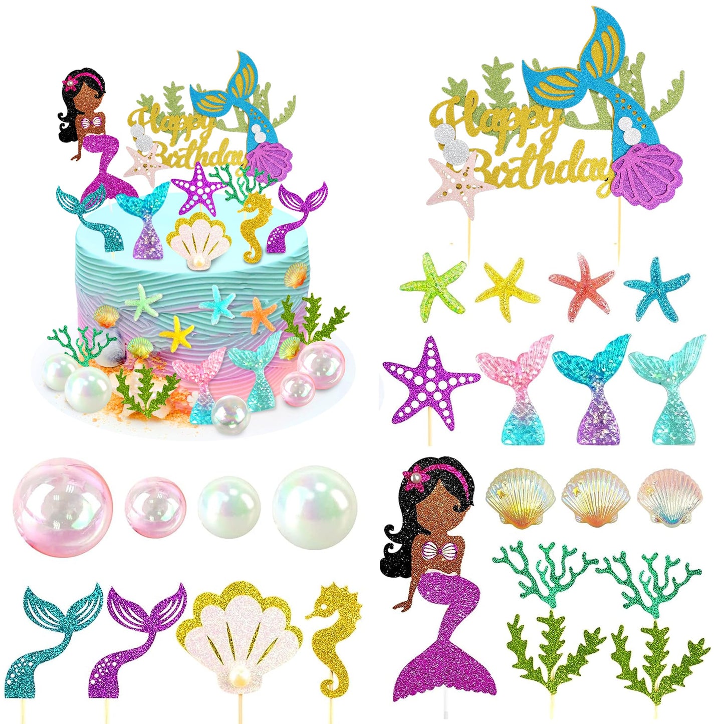 25 Pcs Glitter Mermaid Theme Birthday Cake Topper Under The Sea Party Supplies Cake Decoration Cupcake Toppers Mermaid Tail Star