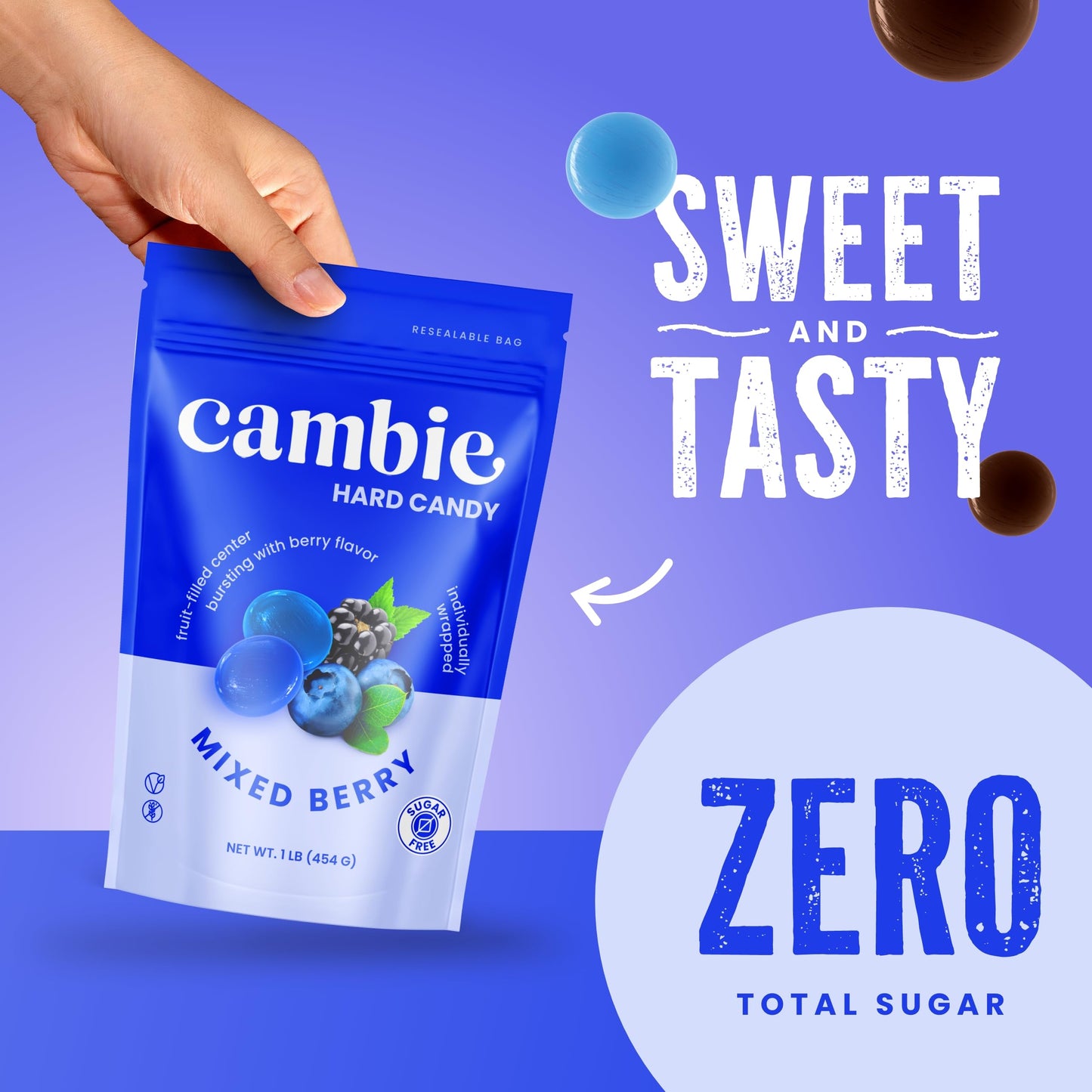 Cambie Sugar Free Mixed Berry Hard Candy - 1 lb Low Calorie Keto Friendly Snacks, Individually Wrapped, Resealable Pouch