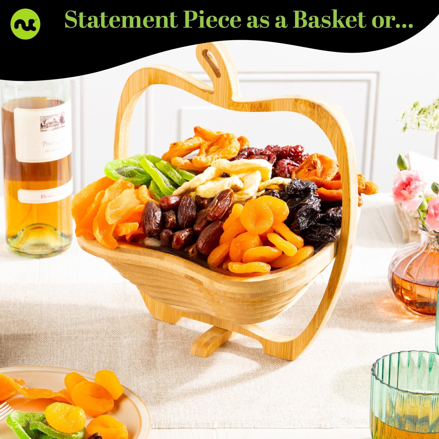 NUT CRAVINGS Gourmet Collection - Rosh Hashana & Shana Tova Dried Fruit Wooden Apple-Shaped Gift Basket + Tray (9 Assortment) Fl