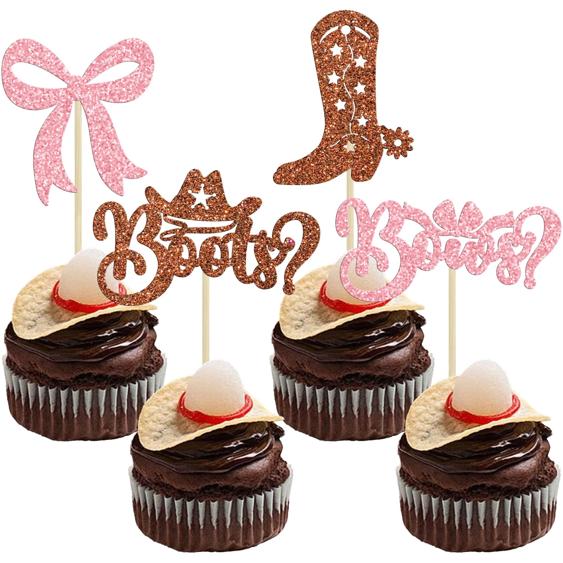 Gyufise 24Pcs Boots Or Bows Cupcake Toppers Glitter Boy Or Girl Cupcake Picks For Gender Reveal Theme Baby Shower Boys Girls Birthday Party Cake Decorations Supplies Brown Pink