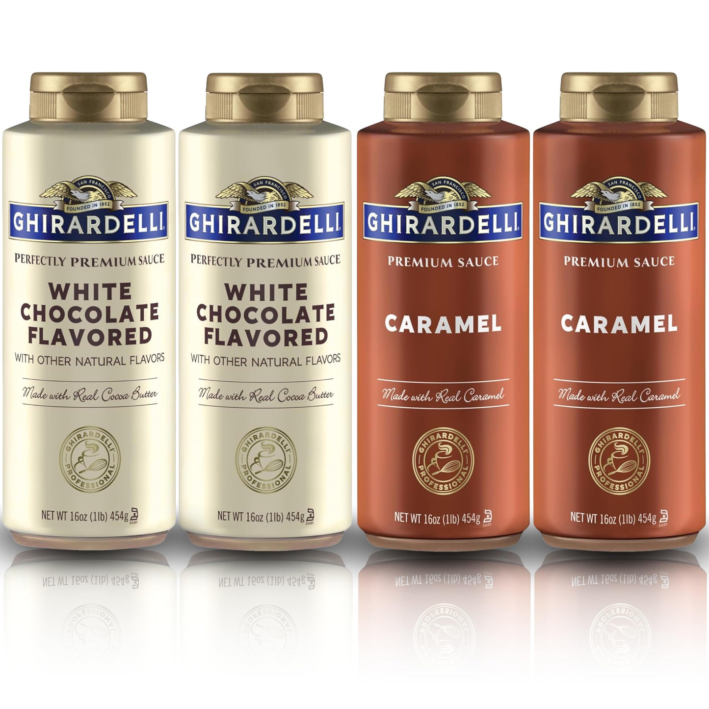 Ghirardelli Flavored Sauce Variety Pack | 16 Oz Bottles (Pack Of 4) | Caramel And White Chocolate Dessert Toppings For Coffee Drinks  Ice Cream  And Baking Recipes