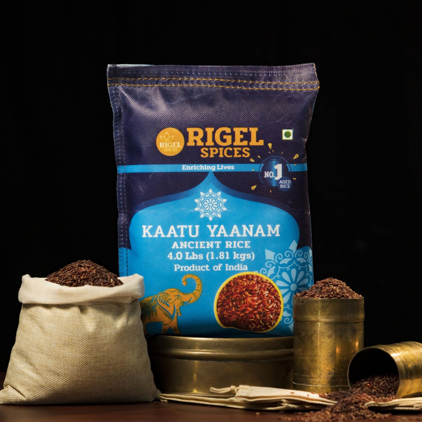 Rigel Spices Forest Elephant Red Rice, 4 Lb, 12+ Months Aged, Gluten Free, Ancient Kaatu Yaanam Rice, 22.61 x 6.