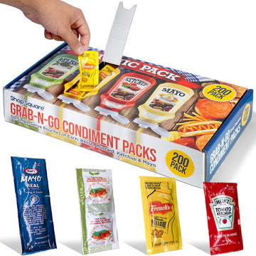 Shop Square Grab-n-Go Condiment Packs - 200 Single Serve Pouches: Ketchup, Mustard, Relish, Mayo - Perfect for Picnics and BBQs